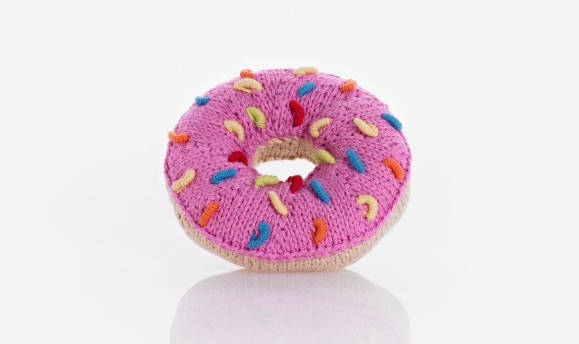 Handmade knitted baby rattle pink donut pebblechild