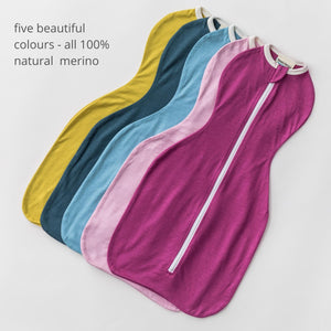 merino swaddle pods in a variety of colours